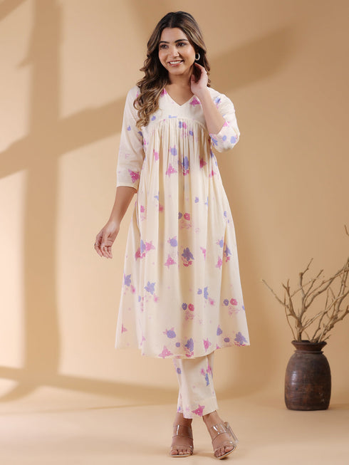 Cream Pure Cotton Floral Printed A-line Kurta Set