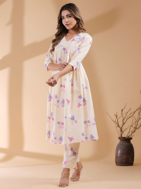 Cream Pure Cotton Floral Printed A-line Kurta Set