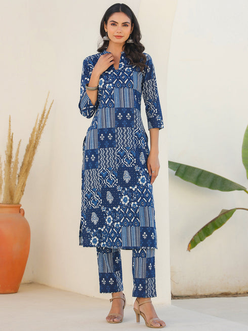 Indigo Pure Cotton Ethnic Motifs Printed Straight Kurta Pant Set