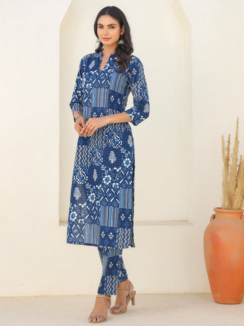 Indigo Pure Cotton Ethnic Motifs Printed Straight Kurta Pant Set