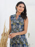 Janasya Women's Dark Blue Pure Cotton Floral Printed A-line Kurta Pant Set