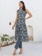 Janasya Women's Dark Blue Pure Cotton Floral Printed A-line Kurta Pant Set