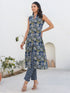 Janasya Women's Dark Blue Pure Cotton Floral Printed A-line Kurta Pant Set