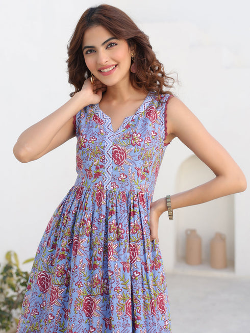 Janasya Women's Blue Pure Cotton Floral Printed A-line Kurta Pant Set