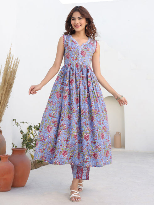 Janasya Women's Blue Pure Cotton Floral Printed A-line Kurta Pant Set