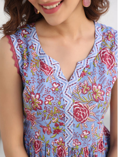 Janasya Women's Blue Pure Cotton Floral Printed A-line Kurta Pant Set