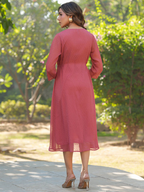 Mauve Dobby Chiffon Self Design A-line Dress