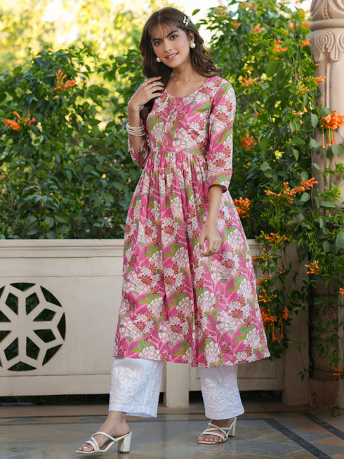 Pink Pure Cotton Floral Printed A-line Kurta