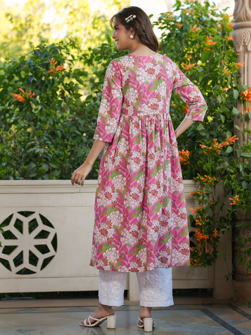 Pink Pure Cotton Floral Printed A-line Kurta