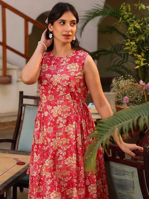 Pink Pure Cotton Floral Printed A-line Kurta