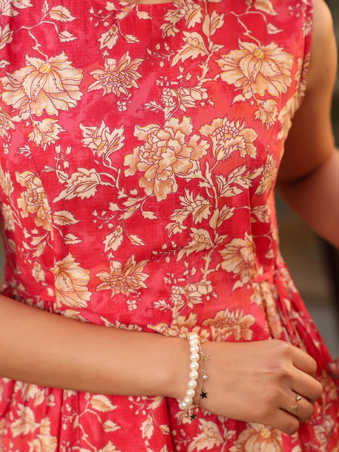 Pink Pure Cotton Floral Printed A-line Kurta