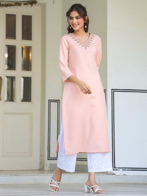 Janasya Women's Peach Cotton Yoke Embroidered Straight Kurta