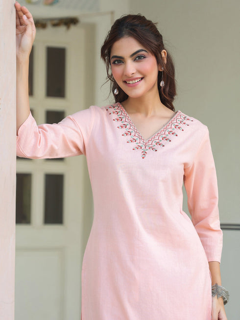Janasya Women's Peach Cotton Yoke Embroidered Straight Kurta
