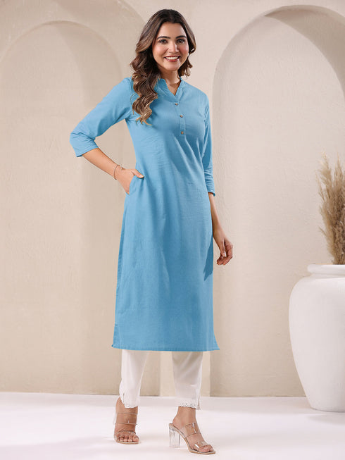 Light Blue Cotton Solid Straight Kurta