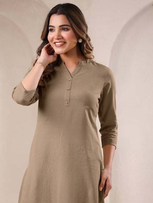 Beige Cotton Solid Straight Kurta