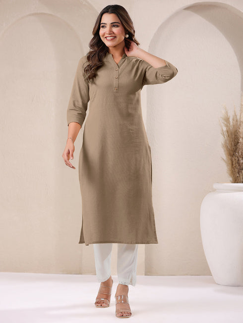 Beige Cotton Solid Straight Kurta