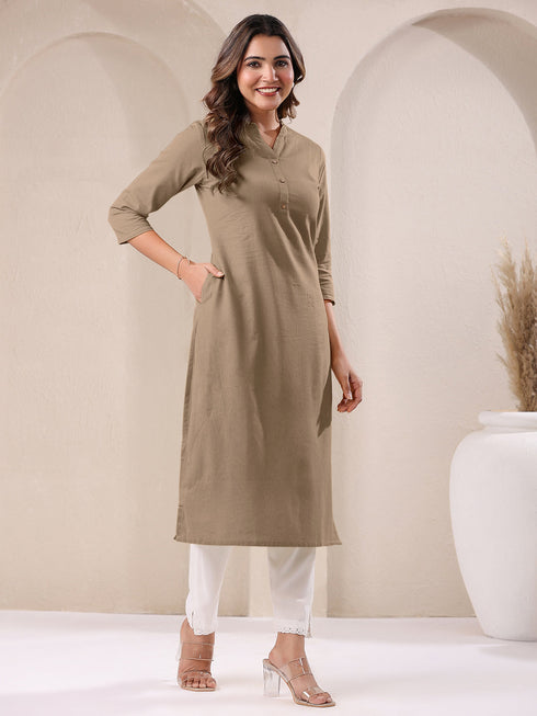 Beige Cotton Solid Straight Kurta