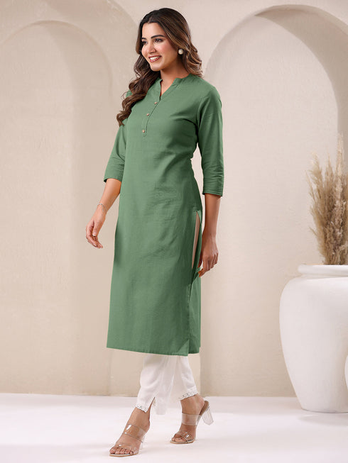 Green Cotton Solid Straight Kurta