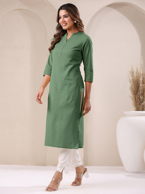 Green Cotton Solid Straight Kurta