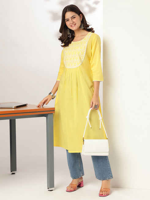 Janasya Women's Yellow Pure Cotton Yoke Embroidered A-line Kurta