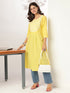 Janasya Women's Yellow Pure Cotton Yoke Embroidered A-line Kurta