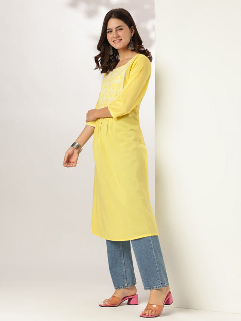 Janasya Women's Yellow Pure Cotton Yoke Embroidered A-line Kurta