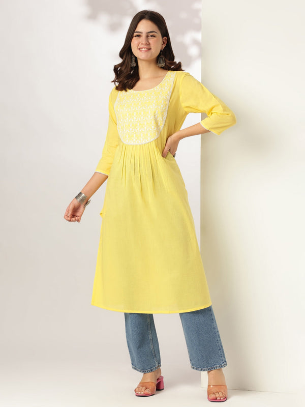 Janasya Women's Yellow Pure Cotton Yoke Embroidered A-line Kurta