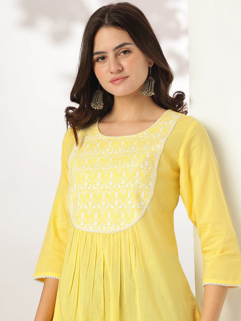 Janasya Women's Yellow Pure Cotton Yoke Embroidered A-line Kurta