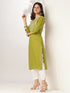 Janasya Women's Lime Green Pure Cotton Yoke Embroidered Straight Kurta
