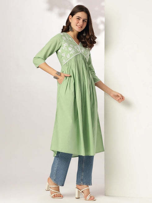 Janasya Women's Light Green Pure Cotton Yoke Embroidered A-line Kurta