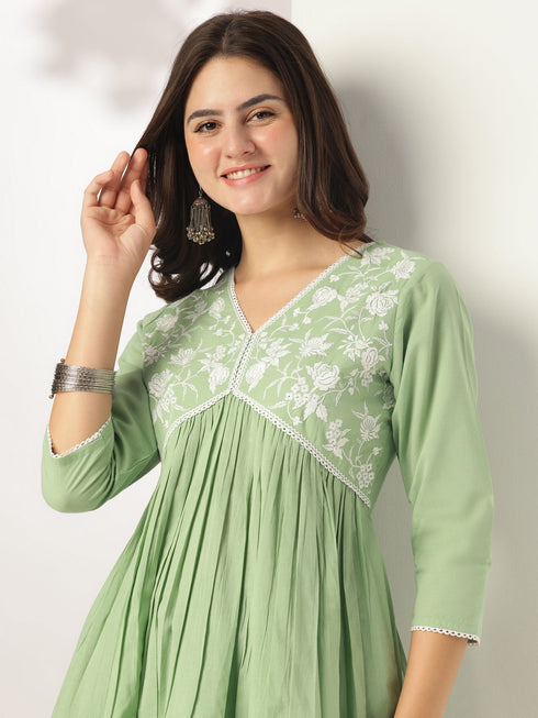 Janasya Women's Light Green Pure Cotton Yoke Embroidered A-line Kurta