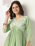 Janasya Women's Light Green Pure Cotton Yoke Embroidered A-line Kurta