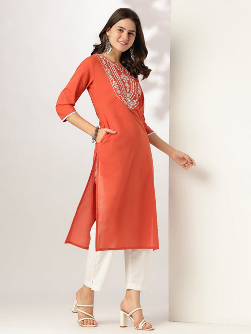 Janasya Women's Rust Pure Cotton Yoke Embroidered Straight Kurta