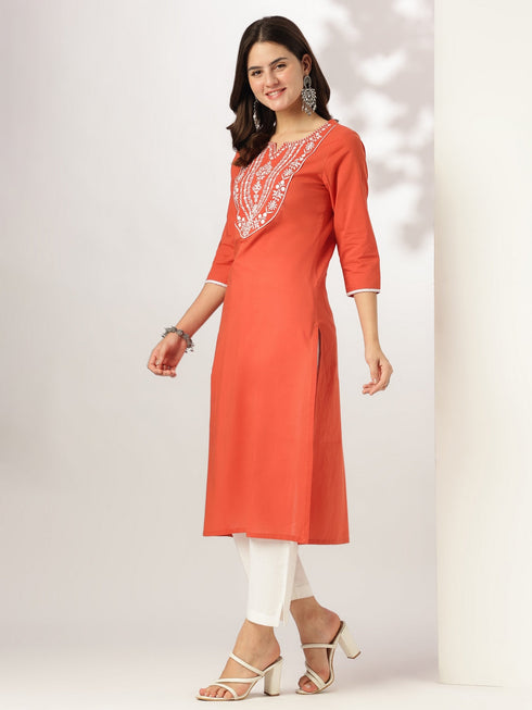 Janasya Women's Rust Pure Cotton Yoke Embroidered Straight Kurta