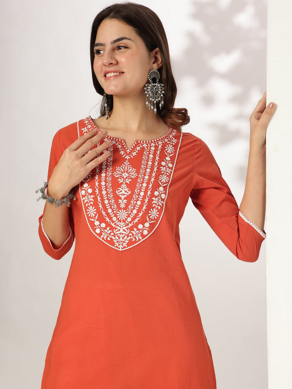 Janasya Women's Rust Pure Cotton Yoke Embroidered Straight Kurta