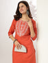Janasya Women's Rust Pure Cotton Yoke Embroidered Straight Kurta