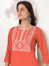 Janasya Women's Rust Pure Cotton Yoke Embroidered Straight Kurta