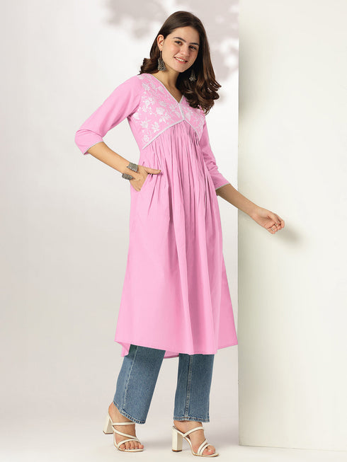 Janasya Women's Light Pink Pure Cotton Yoke Embroidered A-line Kurta