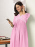 Janasya Women's Light Pink Pure Cotton Yoke Embroidered A-line Kurta