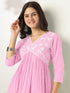Janasya Women's Light Pink Pure Cotton Yoke Embroidered A-line Kurta