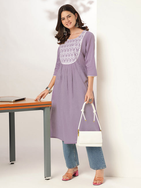 Janasya Women's Lavender Pure Cotton Yoke Embroidered A-line Kurta