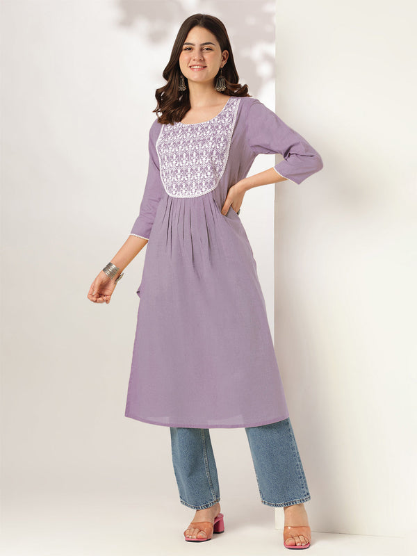 Janasya Women's Lavender Pure Cotton Yoke Embroidered A-line Kurta