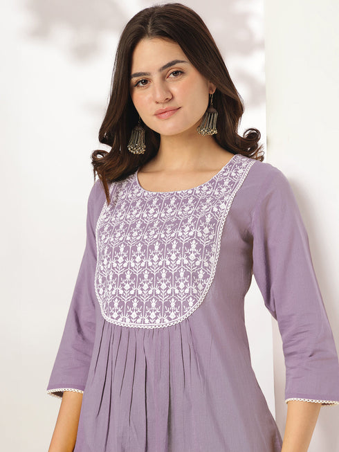 Janasya Women's Lavender Pure Cotton Yoke Embroidered A-line Kurta