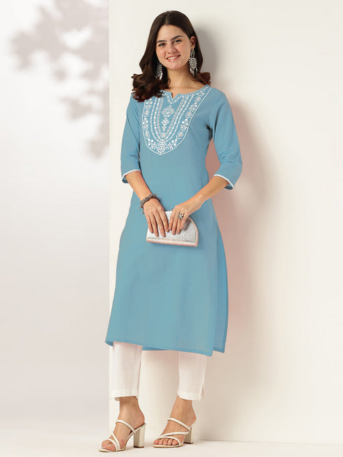 Janasya Women's Light Blue Pure Cotton Yoke Embroidered Straight Kurta
