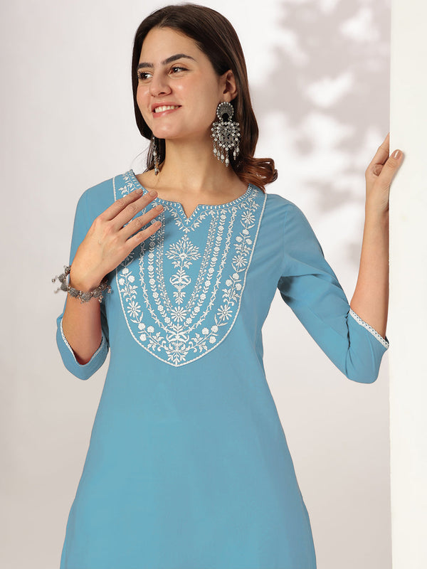 Janasya Women's Light Blue Pure Cotton Yoke Embroidered Straight Kurta