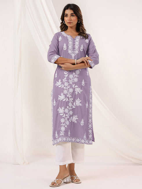 Janasya Women's Light Purple Pure Cotton Embroidered Straight Kurta