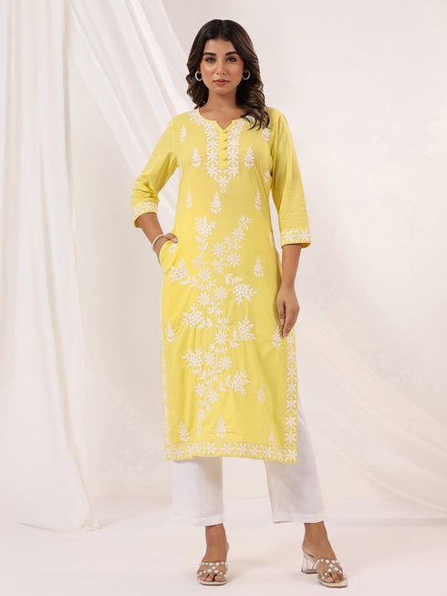 Janasya Women's Yellow Pure Cotton Embroidered Straight Kurta