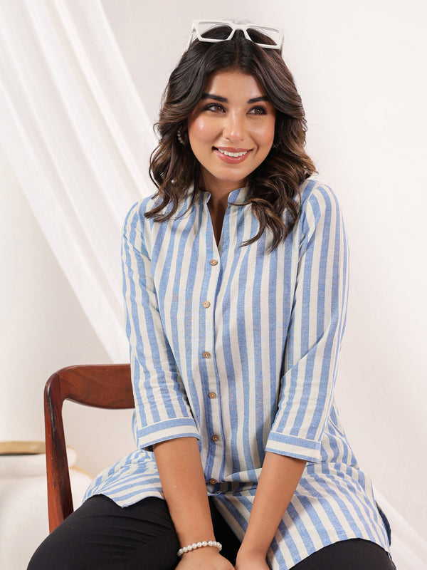 Janasya Women's White Cotton Striped Straight Short Kurti