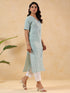 Janasya Women's White & Turquoise Cotton Striped Straight Kurta