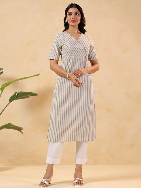 Janasya Women's Off White Cotton Striped Straight Kurta
